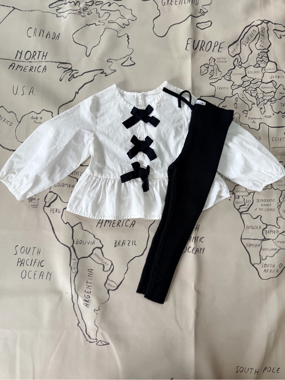 Zara White Top with Black Bow Accents & Black Ribbed Leggings